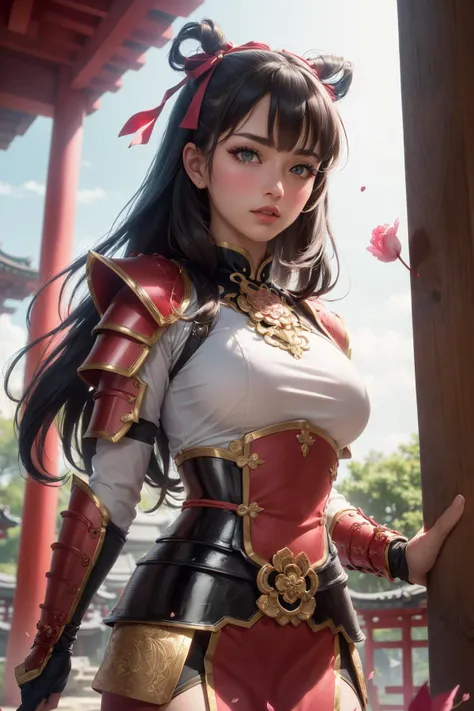 (masterpiece, best quality:1.4), (beautiful, aesthetic, perfect, delicate, intricate:1.2), (cute, adorable), (depth of field:1.2), cinematic shot, mood lighting, teasing, 1girl, mature woman, perfect female form, (perfect face, detailed face, full lips, glossy lips, blush, eyeliner, expressive eyes), (black hair, long hair, hair ribbon), (natural breasts, narrow waists), (red samurai armor, delicate samurai armor), (pink petals, pink leafs), (japanese temple), (cowboy shot),