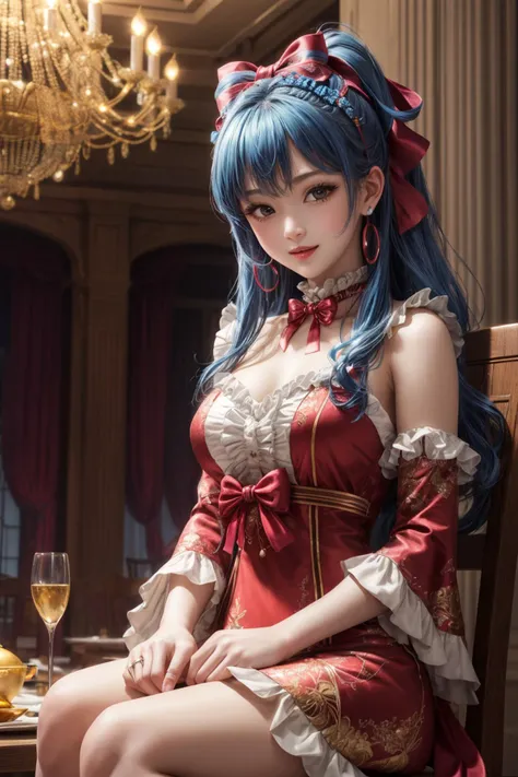 (masterpiece:1.2, best quality:1.2), (pale skin), (((((ribbons, bows, frills, jewelry))))), ((dress)), hair ribbon, ((blue hair)), side ponytail, perfect lighting, daytime, long hair, looking at viewer, detailed, smile, 1girl, wide sleeves, black choker, solo, (((sitting))), breasts, closed mouth, chair, (((ballroom, chandelier, banquet hall, banquet))), ((cowboy shot)), <lora:more_details:0.45>,