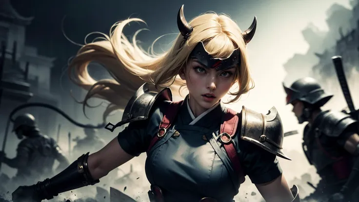 best quality, masterpiece, of a female, dressed as a Psionicist, with blonde hair, with a female fantasy hairstyle, wearing a SamuraiPunkAI, demon mask, <lora:SamuraiPunkAIv3:.5>, close-up, fighting, In a battlefield strewn with the remnants of a magical war, with ghostly warriors still fighting,, realistic, concept art, cinematic, volumetric lighting, highly detailed, 8k