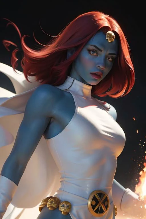 (masterpiece),
1girl, upper body,
redhead, blue skin, white robe, yelllow eyes,
CARTOON_X_MEN90s_Mystique_ownwaifu,
ScottPilgrim Style,
floating hair,
OverallDetail,
sexy pose,
HDR, highly detailed, 32k,
godly light,
black background,
perfect face feature,