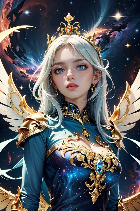(masterpiece, best quality:1.4), (beautiful, aesthetic, perfect, delicate, intricate:1.2),
<lora:more_details:0.75>, <lora:sharpen-soften:-0.25>, <lora:realistic:0.25>,
<lyco:ShingoArakiStyle_lycoris_smf_01-000001:0.4>, shingoaraki-style-smf,
1girl, adult (elven:0.7) woman, blue eyes, long blue hairstyle,
Style-GravityMagic, mid body, looking up, solo, detailed background, detailed face, ((HolyFantasy:0.8), light fantasy theme:1.1), white hair, holy healer sorcerer, very complex golden armor, gold armored wings, diamond crown, dynamic pose, pearl color scheme, blue flames, in background, symmetrical composition, cinematic atmosphere, very complex golden background full of power, cosmos and stars on background, energetic nebula and galaxies imploding