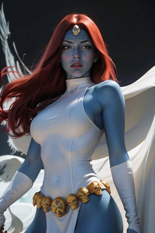 (masterpiece),
1girl, upper body,
redhead, blue skin, white robe, yelllow eyes,
CARTOON_X_MEN90s_Mystique_ownwaifu,
ScottPilgrim Style,
floating hair,
OverallDetail,
sexy pose,
HDR, highly detailed, 32k,
godly light,
black background,
perfect face feature,
