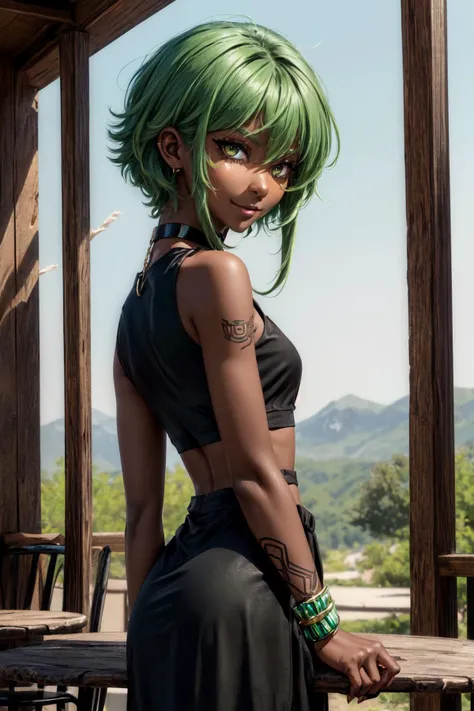 (masterpiece:1.2, best quality:1.2), (((dark skin:1.7))), absurdres:1.2, depth of field:1.3, perfect lighting, cinematic shadows, ((black dress)), (black pelvic curtain), (long pelvic curtain), choker, eye of horus, ankh, jewelry, bracelets, bangles, hair ornament, (((tribal tattoos))), rubble, debris, (crazy eyes), (((red eyeliner))), ((flat chest)), (piercings), torn clothes, (((midriff))), smile, multiple people, green eyes, hair between eyes, ((green hair:1.3, two-colored gradient hair, white hair)), closed mouth, mystical runes, night, outdoors, chairs, table, <lora:more_details:0.45>, frontlocks, <lora:FrontLocks_v004:0.45>, ass, from behind,