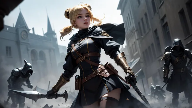 best quality, masterpiece, of a female, dressed as a Ranger, with blonde hair, with a female Shoulder-length hairstyle, wearing a plague doctor mask, <lora:plague doctor:.9>, dutch angle, standing, In a battlefield strewn with the remnants of a magical war, with ghostly warriors still fighting,, realistic, concept art, cinematic, volumetric lighting, highly detailed, 8k ultradetialed character with perfect face,detailed skin,(ultrasharp:1.3),(masterpiece:1.1),best quality AS-YoungV2,(photorealistic:1.2),ultrarealistic,realistic ultradetailed character,4k perfect quality,<lyco:GoodHands-beta2:1>Magnificent,Imperceptible detail,Intricately designed,