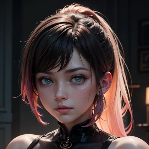 highres, masterpiece, perfect lighting, bloom, cinematic lighting, adult, female, looking at viewer, (RSEEmma:1.5),<lora:RSERomantic_RSESofiko_RSEEmma-v1:0.3>, side-swept bangs, black hair, pink IncursioDipDyedHair, messy mid ponytail, green eyes, thick eyebrows, freckles, <lora:DipDyedHair:1>