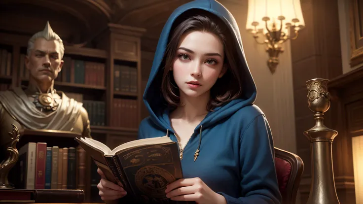 best quality, masterpiece, of a female, dressed as a Wizard, with brown hair, with a female Slicked-back undercut with a high-shine finish hairstyle, wearing a hood, dutch angle, sitting, In a grand library filled with magical books and scrolls, guarded by animated statues,, realistic, concept art, cinematic, volumetric lighting, highly detailed, 8k ultradetialed character with perfect face,detailed skin,(ultrasharp:1.3),(masterpiece:1.1),best quality AS-YoungV2,(photorealistic:1.2),ultrarealistic,realistic ultradetailed character,4k perfect quality,<lyco:GoodHands-beta2:1>Magnificent,Imperceptible detail,Intricately designed,