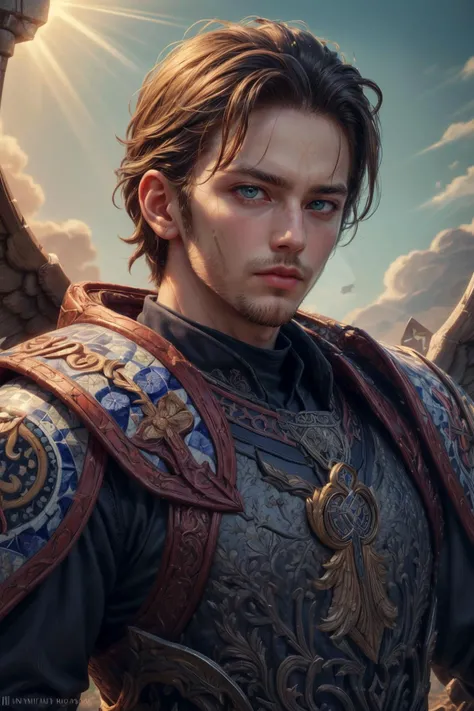 (masterpiece, best quality:1.4), (beautiful, aesthetic, perfect, delicate, intricate:1.2), <lora:more_details:0.75>, <lora:sharpen-soften:-0.25>, <lora:realistic:0.25>,
(1man, masculine adult german male:1.2),  amber eyes, blonde hair, slick back,
portrait, (bloody scars:0.7), looking up, solo, (full body:0.6), detailed background, (<lyco:DecorationBundlev2:0.6>, AzulejoAI, azulejo theme:1.1), angelic face, bloodthirsty expression, holy warrior, praying, floating runes, dark red rusted light armor, [halo:crown:0.4] hovering above head, coat of arms,  divine smite, emitting sacred lights,  sunshine, bright realistic lighting,  dark cave,  glowing runes,