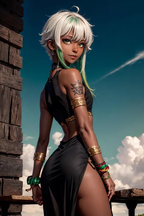 (masterpiece:1.2, best quality:1.2), (((dark skin:1.7))), absurdres:1.2, depth of field:1.3, perfect lighting, cinematic shadows, ((black dress)), (black pelvic curtain), (long pelvic curtain), choker, eye of horus, ankh, jewelry, bracelets, bangles, hair ornament, (((tribal tattoos))), rubble, debris, (crazy eyes), (((red eyeliner))), ((flat chest)), (piercings), torn clothes, (((midriff))), smile, multiple people, green eyes, hair between eyes, ((green hair:1.3, two-colored gradient hair, white hair)), closed mouth, mystical runes, night, outdoors, chairs, table, <lora:more_details:0.45>, frontlocks, <lora:FrontLocks_v004:0.45>, ass, from behind,