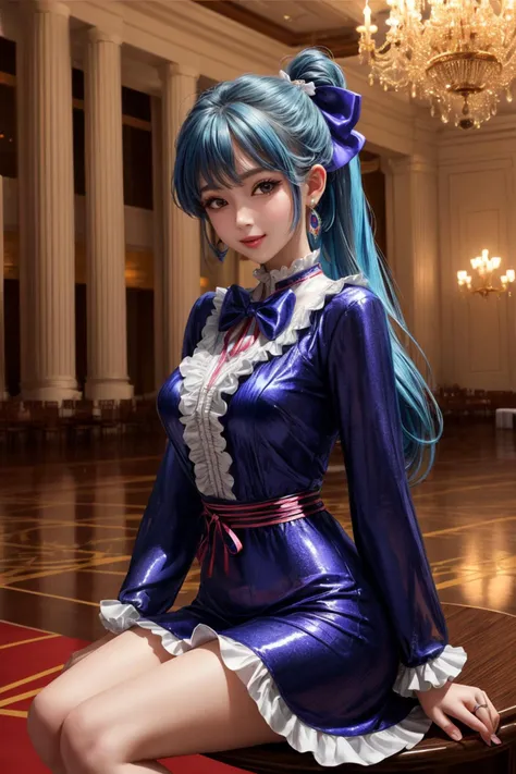 (masterpiece:1.2, best quality:1.2), (pale skin), (((((ribbons, bows, frills, jewelry))))), ((dress)), hair ribbon, ((blue hair)), side ponytail, perfect lighting, daytime, long hair, looking at viewer, detailed, smile, 1girl, wide sleeves, black choker, solo, (((sitting))), breasts, closed mouth, chair, (((ballroom, chandelier, banquet hall, banquet))), ((cowboy shot)), <lora:more_details:0.45>,