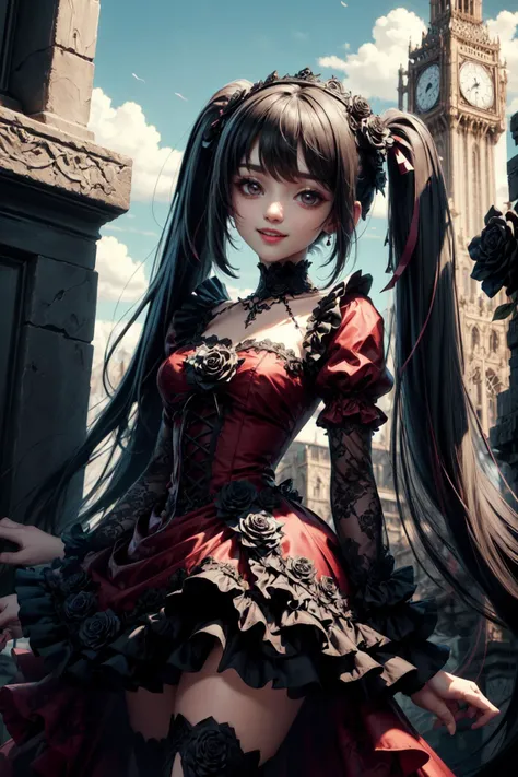 (masterpiece:1.2, best quality:1.2), depth of field:1.3, (((solo))), thick thighs, ((smile, closed mouth)), <lora:more_details:0.45>, looking at viewer, 1girl, <lora:blackrose:0.5> , blackrose, madebyblackrose, blackrosetheme, made by black rose, arms behind back, hands behind back, (outdoors, sky, tower, gothic style), <lora:erika:0.8> furudo erika, red dress, twintails, (frills:1.2)