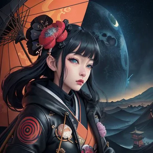 Extreme close-up shot of Magnetic Leather Jacket of Radiance climbing, Surrealism in Hokusai Katsushika style, Opulent, Mysterious, Eerie, psychedelic, masterpiece, trending on artstation, trending on deviantart, masterpiece, Warm Color Palette, Night Colors