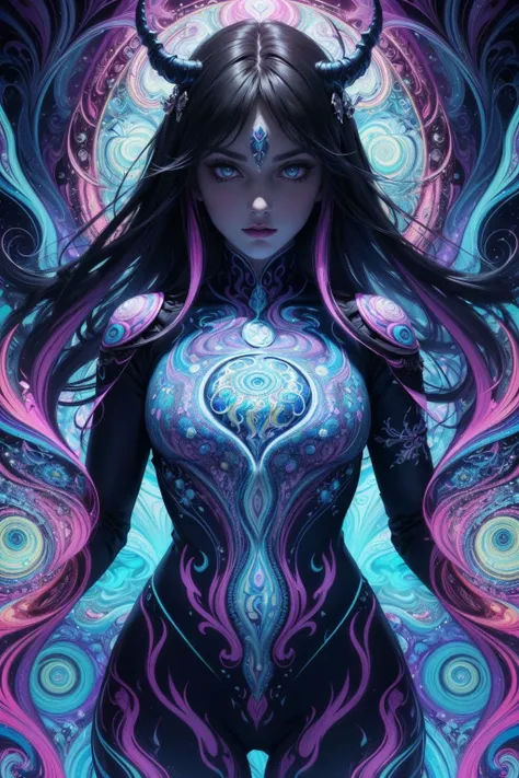 (masterpiece:1.4, best quality), (intricate details), unity 8k wallpaper, ultra detailed, (psychedelic art:1.4), (style of Alex Grey:1.3), [woman | demon:10], (lost souls in hand:1), dark color theme, visually stunning, goddess of darkness, fierce, tempting, cowboy shot, intricate, sharp focus, perfect lighting, perfect shading, perfect lighting, perfect shading