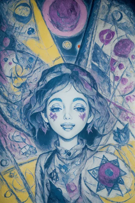masterpiece, best quality, ultra high res, highly detailed, (style of Marc Chagall:1.4), (abstract expressionism art:1.4), 8k (full portrait), abstract expressionism style, a happy woman depicted with bold and contrasting colors, dynamic lines expressing her boundless joy and enthusiasm, an explosion of happiness that leaps off the canvas, perfect lighting, perfect shading