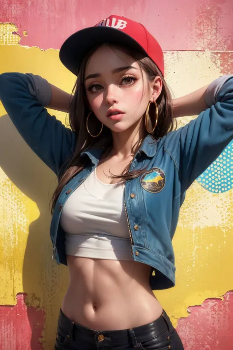 (masterpiece, best quality:1.4), (beautiful, perfect, delicate, detailed, intricate, aesthetic:1.2), (pop art:1.4), 1girl, Hugging oneself with arms wrapped around the body, Raw, Crop top, oversized blazer, baseball cap, and hoop earrings, beautiful hazelnut brown eyes, dark rainbow theme, colorful, visually stunning, beautiful, gorgeous, emotional, intricate, perferct shading