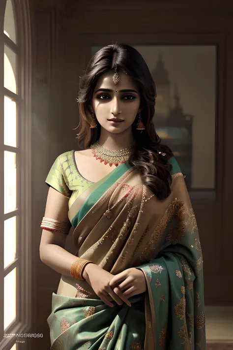 ((best quality)), ((masterpiece)), (detailed), A close-up digital illustration of a long black haired young woman in traditional Indian dress standing alone in a corner at an office event while others celebrate in the background. She looks sad and lost in thought.