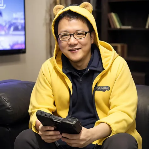 (8k, RAW photo, best quality, masterpiece:1.2),(realistic, photo-realistic:1.37), physically-based rendering,extremely detailed,highest quality,
miyazaki hidetaka, (yellow hoodie),bear hood, ((hood up)), smile, leaning forward, looking at viewer,sitting, holding, holding game controller, game console, video game, pizza box,living room, solo,
<lora:miyazaki_hidetaka:0.65>