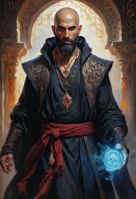 epic fantasy rpg art, oil painting, book cover illustration, an indian male sorceror in (black flowing wizard robes embroidered with runes), (bald clean-shaven head), short black beard, mage, wearing an amulet necklace with a red gemstone,fine details, leaning forward, turning to the side, magic energy, (dark, deep shadows), dramatic, high details, detailed face, glowing piercing eyes, off-centered composition, wielding cosmic energy, casting a magic spell with arms raised, intricate gestures, dynamic pose, magical mist, glowing gaze, unleash power, Magical, fantastical, highly detailed, vivid, rich details, highlights, intense, enhanced contrast, cool desaturated colors, Cinematic, Cinematic action Shot,award-winning, professional, highly detailed, impressionism, <lora:Monet_V4:0.7>