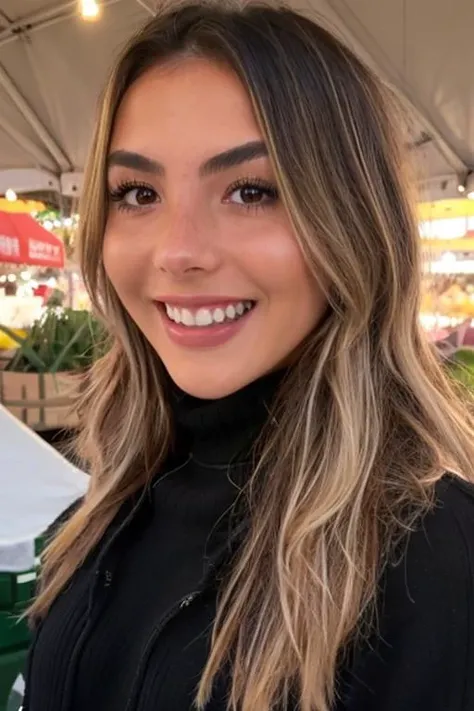 andreabotez, raw photograph, portrait, upper body, a woman wearing a turtle neck sweater and jacketr, farmers market, sharp lighting, <lora:andreabotez_0117_sd1.5_andyxn:0.60>, smile