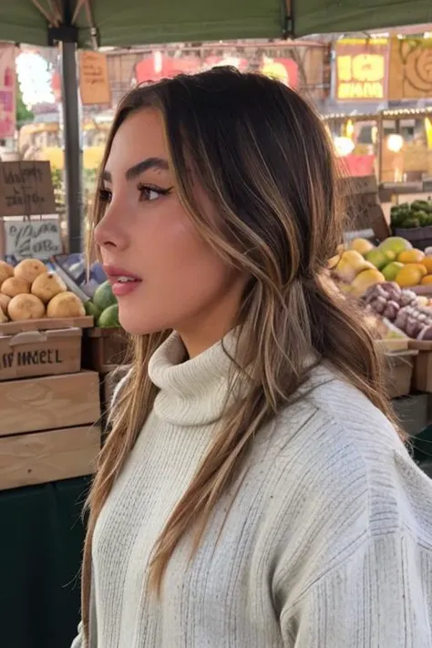 andreabotez, raw photograph, portrait, upper body, a woman wearing a turtle neck sweater and jacketr, farmers market, sharp lighting, <lora:andreabotez_0117_sd1.5_andyxn:0.60>, profile