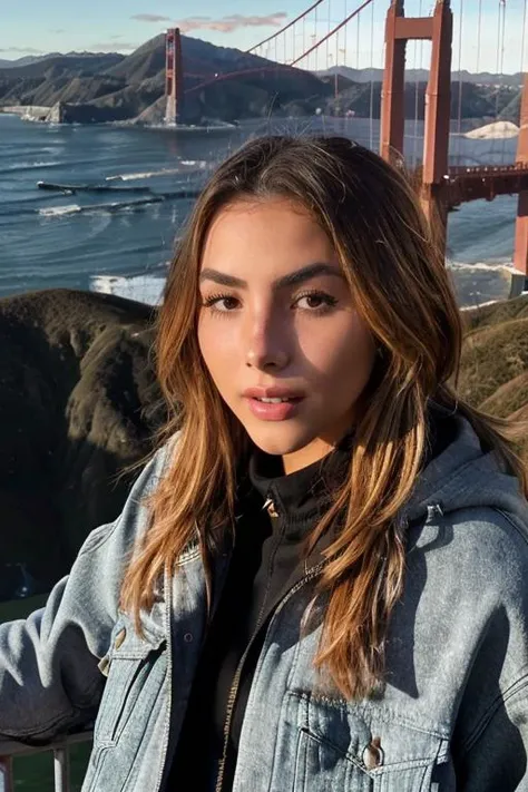andreabotez, raw photograph, a woman wearing a jacket, view from above golden gate bridge sharp, lighting, shadows, <lora:andreabotez_0117_sd1.5_andyxn:0.55>