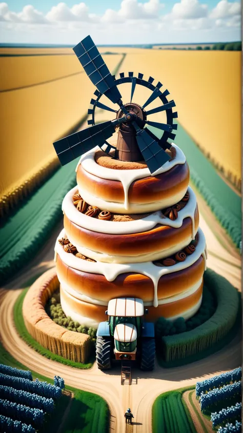 <lora:CinnamonBunStyleXL:1>CinnamonBunStyle rural steampunk setting, automated windmill generators and tractor-bots working in fields, tasty baked goods, 24mm, (analog, cinematic, film grain:1.3), Bokeh DOF, (Masterpiece:1.3) (best quality:1.2) (high quality:1.1)