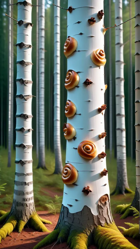 <lora:CinnamonBunStyleXL:1>CinnamonBunStyle slender birch trees with peeling bark in a northern forest, tasty baked goods, 24mm, (analog, cinematic, film grain:1.3), Bokeh DOF, (Masterpiece:1.3) (best quality:1.2) (high quality:1.1)