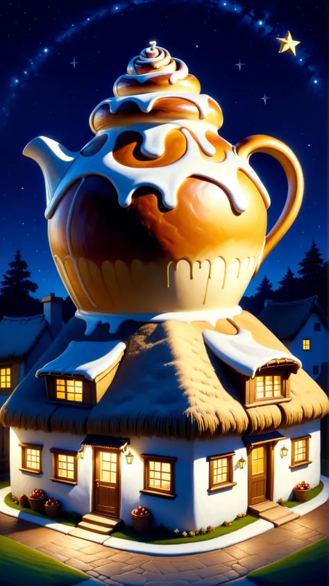 <lora:CinnamonBunStyleXL:1>CinnamonBunStyle Painting by Greg Rutkowski, at night a big ceramic jug with gold ornaments flies high in the night dark blue sky above a small village with white houses under thatched roofs, stars in the sky, rich picturesque colors, tasty baked goods, 24mm, (analog, cinematic, film grain:1.3), Bokeh DOF, (Masterpiece:1.3) (best quality:1.2) (high quality:1.1)