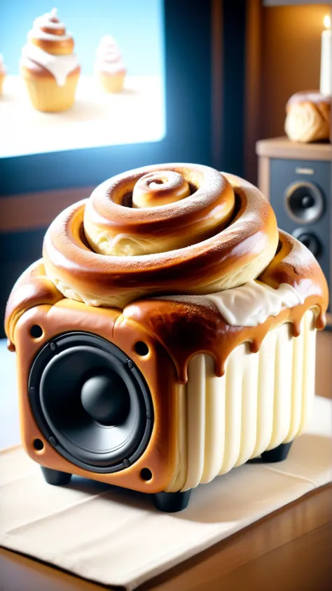 <lora:CinnamonBunStyleXL:1>CinnamonBunStyle Speaker, tasty baked goods, 24mm, (analog, cinematic, film grain:1.3), Bokeh DOF, (Masterpiece:1.3) (best quality:1.2) (high quality:1.1)