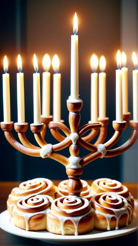 <lora:CinnamonBunStyleXL:1>CinnamonBunStyle menorah lighting ceremony during Hanukkah celebration, tasty baked goods, 24mm, (analog, cinematic, film grain:1.3), Bokeh DOF, (Masterpiece:1.3) (best quality:1.2) (high quality:1.1)
