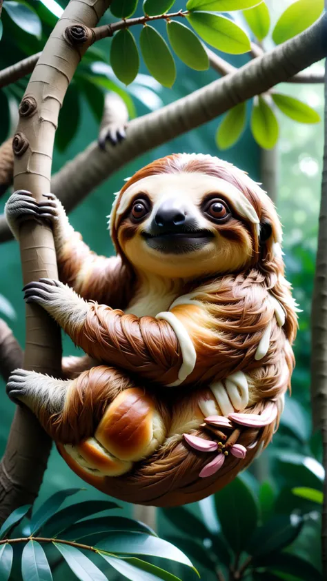 <lora:CinnamonBunStyleXL:1>CinnamonBunStyle a pet sloth hanging lazily from an indoor tree branch, tasty baked goods, 24mm, (analog, cinematic, film grain:1.3), Bokeh DOF, (Masterpiece:1.3) (best quality:1.2) (high quality:1.1)