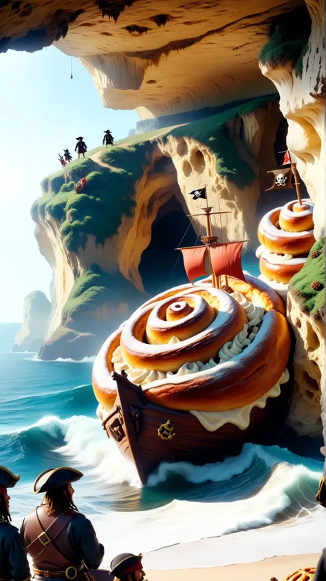<lora:CinnamonBunStyleXL:1>CinnamonBunStyle pirates sailing into the mouth of a large sea facing cave, tasty baked goods, 24mm, (analog, cinematic, film grain:1.3), Bokeh DOF, (Masterpiece:1.3) (best quality:1.2) (high quality:1.1)