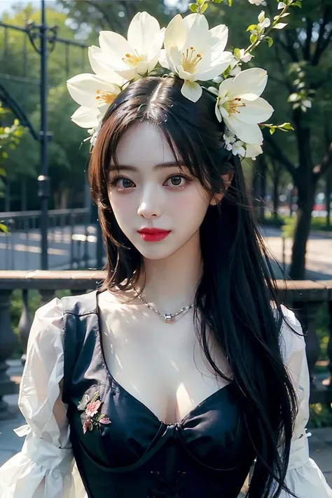 best quality, masterpiece, (photorealistic:1.4), 1 girl, upper body, long hair, corset, necklace, cute, flowers around, outside, -- Face Details:1.7 -- <lora:Yuna:1>