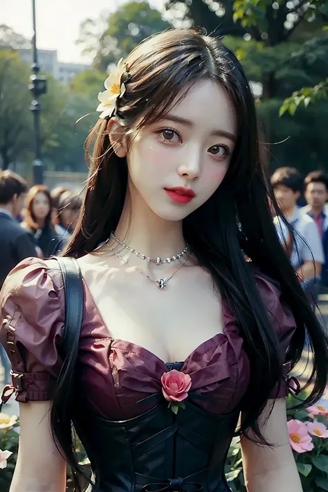best quality, masterpiece, (photorealistic:1.4), 1 girl, upper body, long hair, corset, necklace, cute, flowers around, outside,   -- Face Details:1.7 --  <lora:Yuna:1>