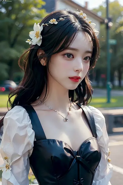 best quality, masterpiece, (photorealistic:1.4), 1 girl, upper body, long hair, corset, necklace, cute, flowers around, outside, -- Face Details:1.7 -- <lora:Yuna:1>
