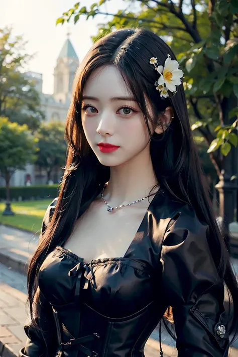 best quality, masterpiece, (photorealistic:1.4), 1 girl, upper body, long hair, corset, necklace, cute, flowers around, outside,   -- Face Details:1.7 --  <lora:Yuna:1>