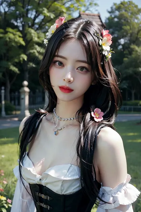 best quality, masterpiece, (photorealistic:1.4), 1 girl, upper body, long hair, corset, necklace, cute, flowers around, outside, -- Face Details:1.7 -- <lora:Yuna:1>