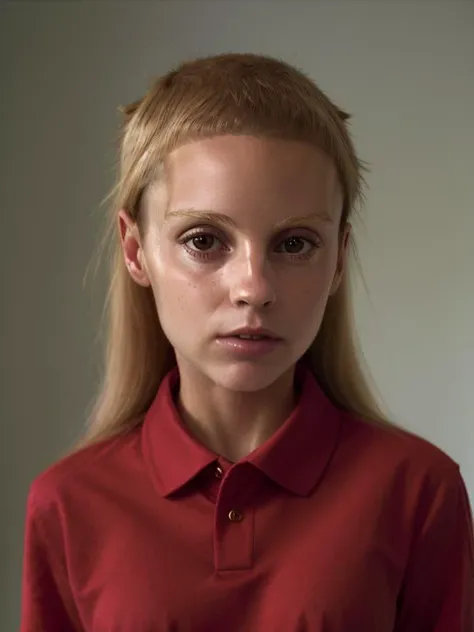 gquality, <lora:yolandi-10:1> 1girl, solo, looking at viewer, shirt, closed mouth, realistic, portrait, red shirt, collared shirt