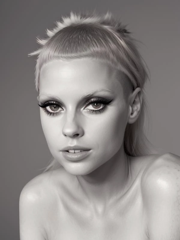 gquality, <lora:yolandi-10:1> 1girl, solo, looking at viewer, simple background, parted lips, monochrome, realistic, greyscale, portrait, teeth, black background, makeup, eyeshadow, eyelashes, bare shoulders