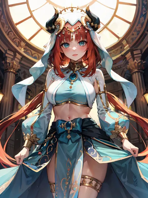 masterpiece, best quality, niloudef, grand and colossal interior, vast and expansive, standing, (skirt lift:0.9), looking at viewer, cowboy shot, <lora:nilou1:1>