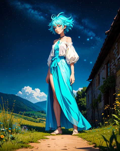 masterpiece, best quality, highly detailed, (full length:1.4) , anime key visual, Bioluminescent midweight Female Artist, Bald [Monstrous|Dirty] hair, inside a Feral The French Countryside, Clear skies, Rough sketch, Energetic, 50mm