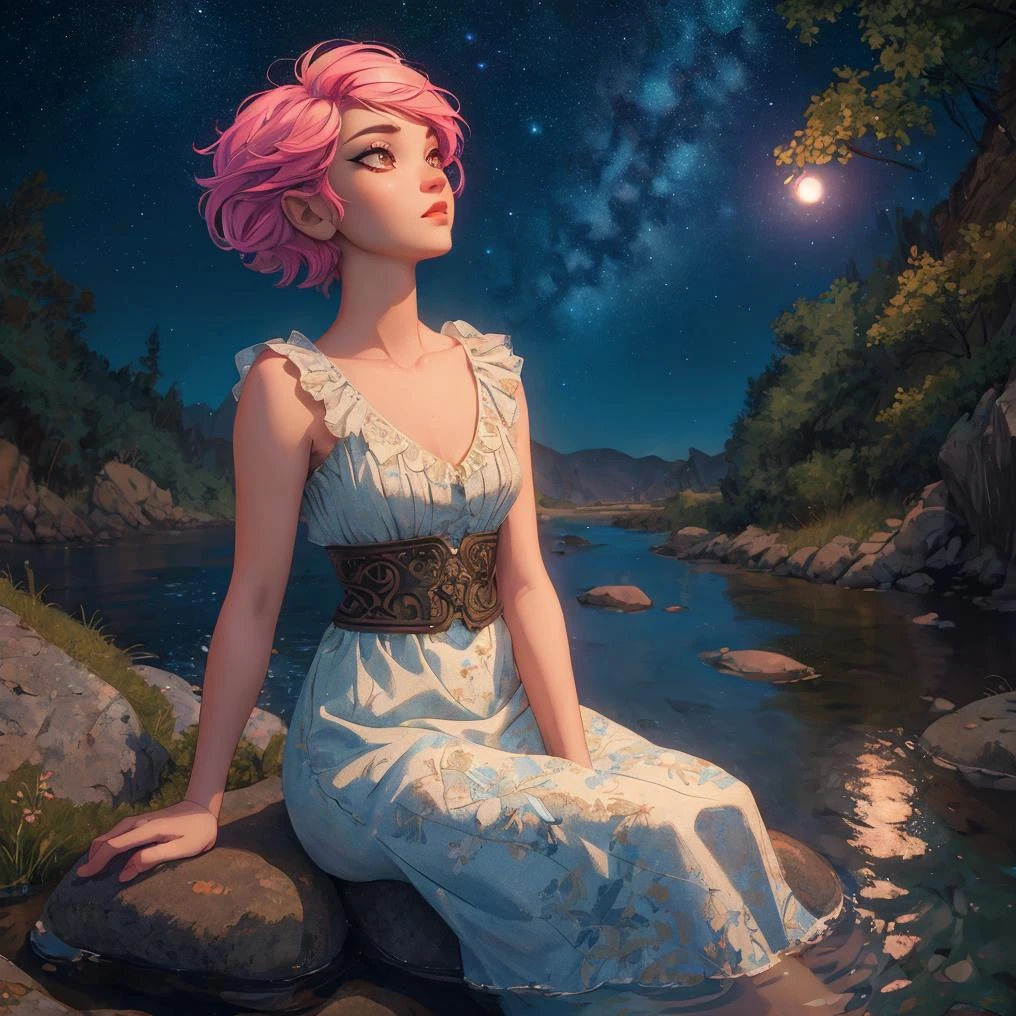 woman with pixie hair style, sitting on a rock by a river, looking up at the sky, moonlight, beautiful face, good eyes, good detail, colorful, intricate detail, masterpiece, high detail, high quality