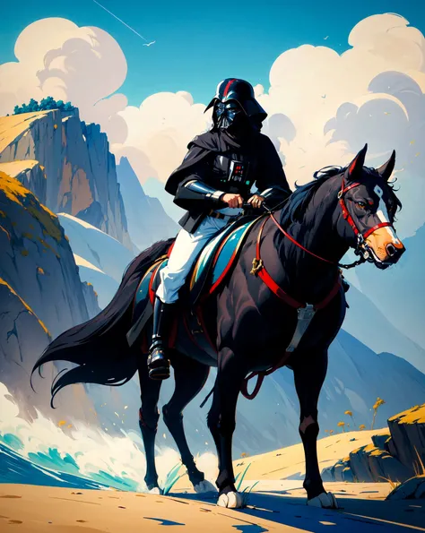 masterpiece, best quality, highly detailed, (full length:1.4) , (art by Anne Rothenstein:1.2) , anime key visual, Modular Syrian Darth Vader riding a Siberian Husky, Uptight Tail, Liquid Hair Tie, Foggy, Lustful, waning light, Ektachrome