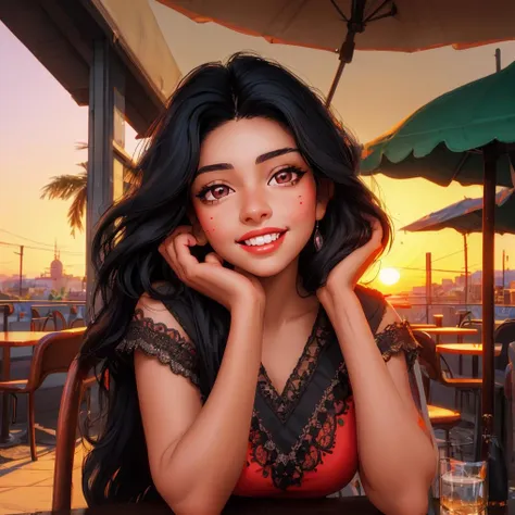 mexican woman with black hair, sitting at a table laughing, sunset in the distance, in a caf, good hands, beautiful face, good eyes, good detail, intricate detail, masterpiece, high detail, high quality