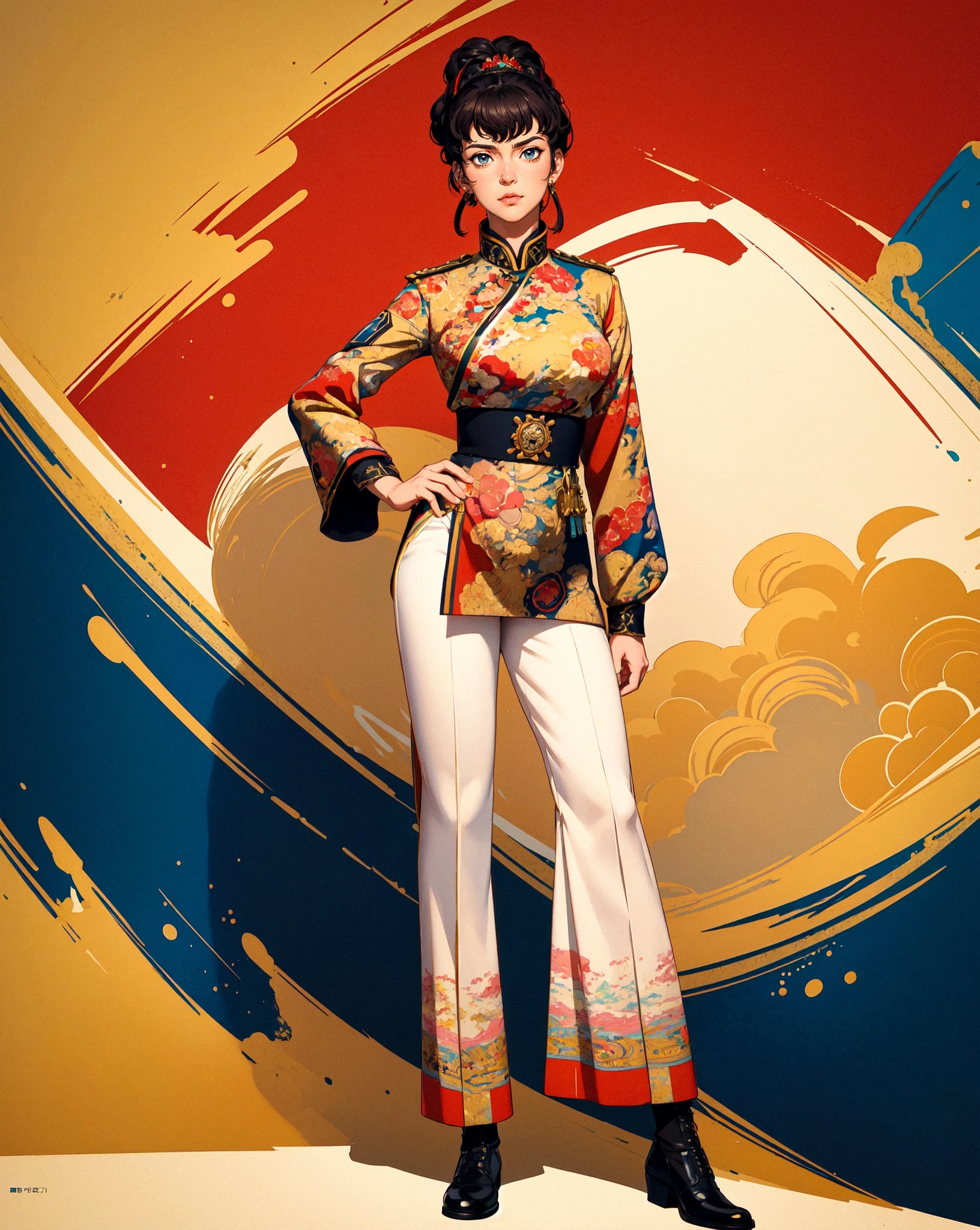 masterpiece, best quality, highly detailed, (full length:1.4) , anime key visual, top-down view of a Stone Unconventional stocky Clara, Sergeant Major of the Army, wearing [Dominican:Chinoiserie:4] Dress pants, Chilean hairstyle, Smoky Conditions, Manic, behance, 70s Art, Polychromatic, art by Jack Butler Yeats, (art by Gary Panter:0.8)