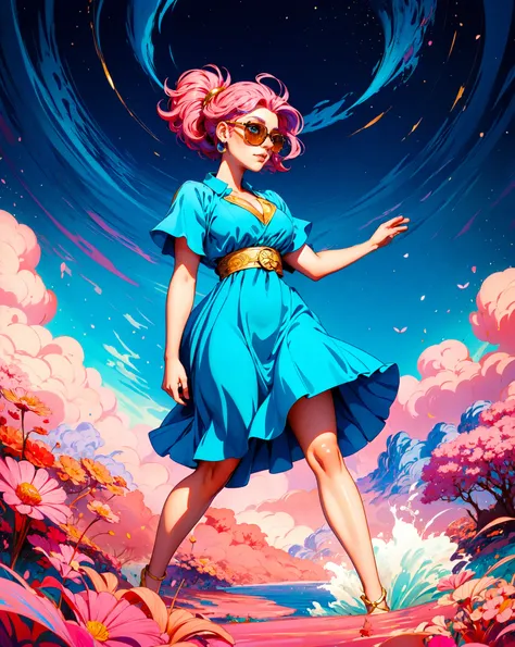 masterpiece, best quality, highly detailed, (full length:1.4) , anime key visual, Ugly [Irish|Ming Dynasty] Seth Rogen, Newtback riding, wearing Magic Indigo Shift dress, Playing with Hair, Classic Pink hair, Sunglasses, Briefcase, Gold water, deep focus, (Red theme:0.7) , Hypersaturated, (art by Kerby Rosanes:0.9)