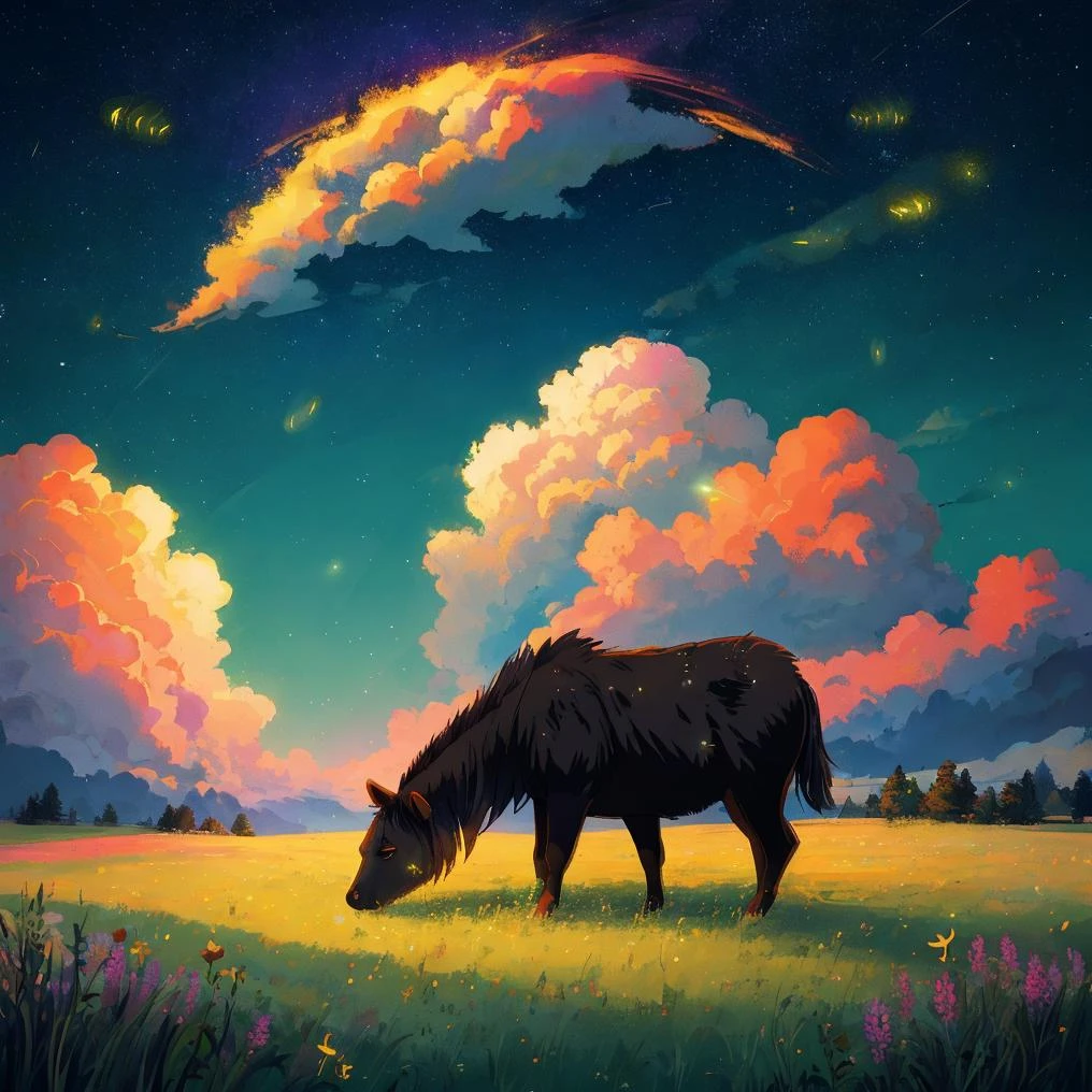 beautiful meadow covered in fireflies, night, beautiful sky, clouds covering the moon, animals in the meadow, colorful, intricate detail, masterpiece, high detail, high quality