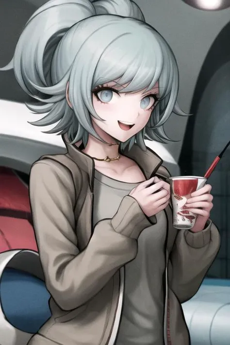 masterpiece, best quality, highres, <lora:Komatsuzaki_Rui_Style:0.9>, 1girl, solo, upper body, open mouth, smiling, light blue hair, short hair, close up shot,
