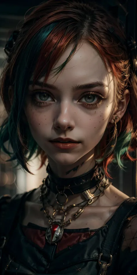 harley Quinn, (masterpiece, best quality, dynamic angle), 1girl, 18 years old, tall,  fit, tiny breasts,
green sweater, (red hair:1.4), (green eyes:1.2), short hair, submissive,big Choker, squatting, thighhighs, 
(detailed face, perfect eyes), head tilt,
looking into camera, Goth punk,
<lora:weight_slider_v1:-2>,, <lora:epi_noiseoffset:1.4>, <lora:skin_tone_slider_v1:-1.4>, <lora:more_details:0.5> <lora:Gothpunk:0.5> <lora:zoom_slider_v1:2> <lora:rococo:0.5>, highest detailed, atmospheric lighting, cinematic composition, complex multiple subjects, 4k HDR, vibrant, highly detailed, Leica Q2 with Summilux 35mm f/1.2 ASPH, Ultra High Resolution, wallpaper, 8K, Rich texture details, hyper detailed, detailed eyes, detailed background, dramatic angle, epic composition, high quality , (8k, RAW photo, highest quality), hyperrealistic,