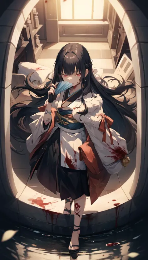 (1girl:0.3), serious, bored, disappointed, (mature female:1.5), aged up, death, (blood:1.2), (open fan:1.3), long hair, (absurdly long hair:1.3), hime cut, black kimono, battle, red eyes,gloves, fingerless gloves, glowing eyes, black hair, fighting stance, arm tattoo, facial tattoo, small_eyes, half-closed eyes, black_tattoo, slit pupils, blurry background, depth of field, full body, straight hair, reflection, high quality, highres, absurdres, masterpiece, tall female, tall, slim, sandals, (from above:1.2), (from side:0.8), front, from_front, (fisheye:0.8), <lora:gownConv2D2.5e-5_BF16:1.4>, obi, obijime,