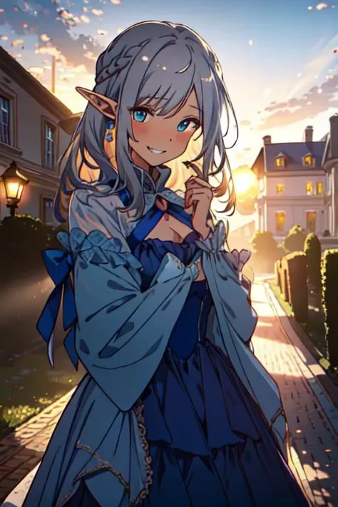 (best quality:1.2) (4k:1.) (very high resolution:1.1) (realistic photograph:1.1) , (ultra detailed CG illustration:1.1) ,
1girl elf solo (small breasts:1.) (detailed face:1.) (beautiful eyes:1.) , (silver french braid :1.) ,
blush grin , (bowtie:.9) ,
<lora:gownConv2D2.5e-5_BF16:.8> , (blue gown:1.1) ,
frills , (cleavage cutout:.9) , (long sleeves:.9) , (full body:.7) , (from above:.9) , (portrait:.6) , (footwear:.5) ,
(detailed background:1.1) , outdoors , (mansion in background:1.) , (garden:.8) , (gradient sky:.9) sunset (cinematic lighting:1.1)